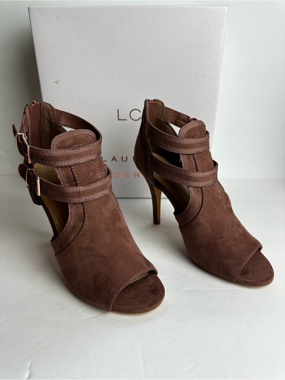Lauren Conrad Sweetheart Pink Stiletto Heels Size 8 Open Toe Faux Suede Back Zip